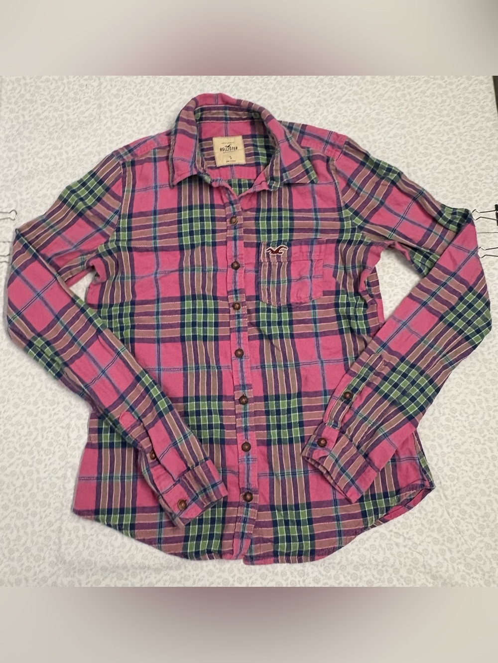 VTG Y2K Hollister Women’s S Plaid Pink Green Long Sleeve Button-Up Shirt Pockets